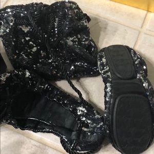 Sequence booties with matching bag.